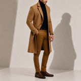 Men's wool blend overcoat by Zexov, classic long winter coat in neutral color, featuring lapel collar and button closure.