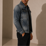 Men’s vintage denim jacket by Zexov featuring retro washed casual style, shown with classic blue denim fabric and button-front design.