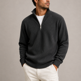 Men’s ribbed quarter-zip sweater by Zexov, smart casual knit jumper, shown in a close-up of the textured fabric and zipper detail.