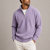 Men’s ribbed quarter-zip sweater by Zexov, smart casual knit jumper in neutral tones, showing the textured ribbed fabric.