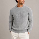 Men’s heavyweight fisherman rib knit sweater by Zexov, shown in a close-up of the textured, warm, ribbed knit fabric.