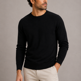 Men’s Zexov crew neck fine knit sweater in gray, close-up view showing soft texture and classic fit.