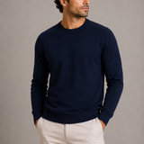 Men’s Zexov crew neck fine knit sweater displayed on a hanger, showcasing the soft texture and classic design.