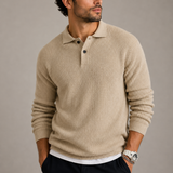 Men’s slim fit knit sweater with lapel collar by Zexov, featuring a cozy, stylish design in a close-up of the sweater's texture and collar.