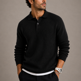 Men’s slim fit knit sweater with lapel collar by Zexov, shown in a close-up of the soft, textured fabric and stylish design.