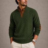 Men’s Zexov Jacquard crew neck knit sweater with intricate pattern and ribbed cuffs, displayed flat on a neutral background.