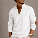 Zexov men's jacquard crew neck knit sweater showing detailed patterned design and soft fabric in a close-up view.