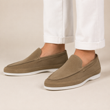 Men’s suede loafers by Zexov, smart casual slip-on shoes with a sleek design and classic loafer style, shown in brown suede.