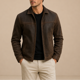 Men’s vintage suede zip-up jacket by Zexov, featuring casual style with a classic collar and front zipper.