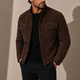 Men’s suede jacket by Zexov featuring a stand collar and button-up casual style, shown in a close-up of the jacket's front and collar.