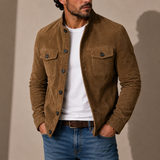 Men’s suede jacket by Zexov featuring a stand collar and button-up design, shown in a casual style with a close-up of the front.