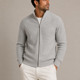 Men’s Zexov ribbed zip cardigan with stand collar, full-zip knitted sweater, stylish and cozy for everyday wear.