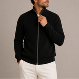 Men's ribbed zip cardigan by Zexov, full zip knitted sweater with stand collar, featuring ribbed texture and casual style.