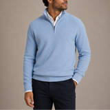 Men’s textured knit quarter zip sweater with stand collar by Zexov, featuring a close-up of the pullover's fabric and zipper detail.