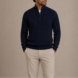 Men's Zexov cable knit quarter zip sweater with stand collar, featuring a cozy, textured pullover design.