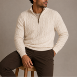 Men’s Zexov cable knit quarter zip sweater with stand collar, stylish pullover in cozy knit fabric, perfect for casual wear.