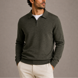 Men’s Zexov quarter-zip polo knit sweater displayed in dark gray with ribbed cuffs and collar, showcasing a cozy, stylish fit.