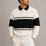 Men’s retro color block polo sweatshirt by Zexov with long sleeves, featuring vibrant color sections and a classic polo collar.