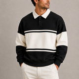 Men’s retro color block polo sweatshirt with long sleeves by Zexov, featuring vibrant contrasting panels and a classic fit.
