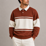 Men’s retro color block polo sweatshirt by Zexov with long sleeves, featuring bold color blocking and classic polo style.