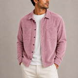 Men’s Zexov corduroy overshirt jacket with long sleeves and button-up front, shown in a casual, textured fabric.