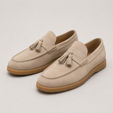 Men’s suede tassel loafers by Zexov, slip-on moccasin style with tassel details, shown in a close-up view of the shoe.