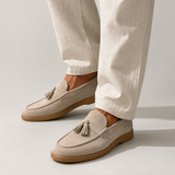 Men’s Zexov tassel loafers in brown suede, slip-on moccasin style with tassel details and sleek design for casual or dress wear.