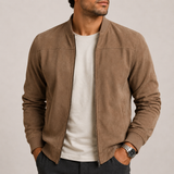 Men’s suede bomber jacket by Zexov featuring a classic design, lightweight construction, and casual style on a neutral background.