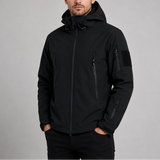 Men's waterproof tactical jacket by Zexov featuring hood, softshell material, windproof design, ideal for outdoor activities.
