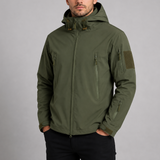 Men's waterproof tactical jacket by Zexov, hooded windproof outdoor softshell coat with multiple pockets and durable fabric.