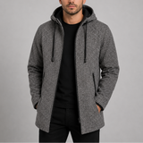 Zexov men's casual long hooded zip-up outdoor coat displayed on a model, featuring a stylish and functional design.