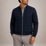 Men's lightweight quilted bomber jacket by Zexov, shown in navy with a front zipper, ribbed cuffs, and a casual fit.