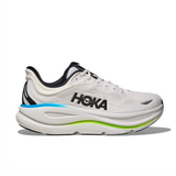 Women's Hoka Bondi 9 Wide black running shoes with cushioning and supportive design, featuring a sleek frost black exterior.