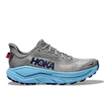 Women's Hoka Challenger 8 shoes in galactic grey and soaring blue, featuring a supportive B-width design for comfortable running.