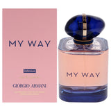 Giorgio Armani My Way Intense 3 oz refillable EDP spray bottle with a sleek, elegant design and clear fragrance branding.