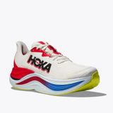 Men's Hoka Skyward X shoes in white and blue with D-width, featuring a sleek athletic design and breathable mesh upper.