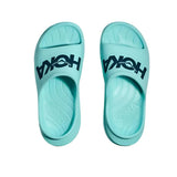 Hoka athletic slide shoes in gray with black straps, featuring cushioned soles and open-toe design for comfortable casual wear.