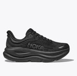 Black Hoka Bondi 9 Wide women's running shoes with supportive design and cushioned soles, featuring a sleek athletic look.