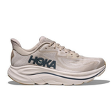 Men's Hoka Clifton 10 shoes in putty gray with extra-wide (4E) fit, featuring cushioned soles and supportive design.