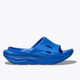 Hoka Ora Recovery Slide 3 shoes in electric cobalt color with cushioned footbed and open-toe design for comfortable recovery wear.