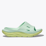 Hoka Ora Recovery Slide 3 shoes in aqua breeze and celery juice colors, featuring cushioned slip-on design for comfortable recovery.