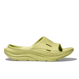 Hoka Ora Recovery Slide 3 shoes in honeydew green with cushioned straps and textured sole, designed for comfort and recovery.