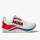 Men's Hoka Skyward X shoes in D-width with a white and blue design, featuring breathable mesh and cushioned sole for running.