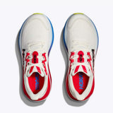 Men's Hoka Skyward X shoes in D-width with white and blue colorway, featuring lightweight running shoe design and breathable mesh upper.