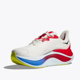 Men's Hoka Skyward X shoes in D-width with white and virtual blue colorway, featuring lightweight running design and supportive sole.