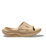 Hoka Ora Recovery Slide 3 shoes in shifting sand color, featuring comfortable slip-on design with cushioned footbed.