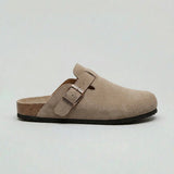 Men's beige suede clogs from Zexov with adjustable buckle and slip-on design, featuring a comfortable and stylish footwear option.
