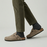 Men’s beige suede clogs with adjustable buckle and slip-on design by Zexov, showcasing their comfortable, casual footwear style.