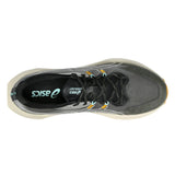 Men's ASICS Blazeblast trail running shoes in black and storm gray with durable mesh and supportive design.