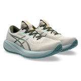 Men's ASICS GEL-Cumulus 28 neutral daily trainers in taupe and vintage khaki with breathable mesh and cushioned sole.
